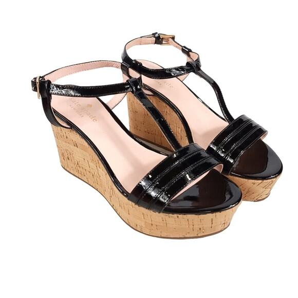 Kate Spade Tallin Cork Wedge Heel Sandals Black Patent Leather - Picture 3 of 12